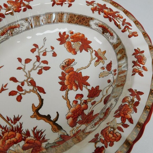 Spode Indian Tree 10 inch Oval Vegetable Bowl New Backstamp Orange Rust Scallop - Picture 6 of 12